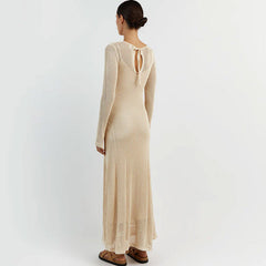 Chic Cutout Tie Back Round Neck Long Sleeve Crochet Knit Cover Up Maxi Dress