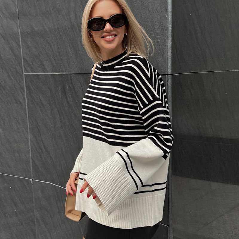 Chic High Neck Drop Shoulder Black And Apricot Striped Sweater