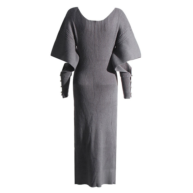 Chic Monochrome V Neck Cutout Balloon Sleeve Rib Knit Bodycon Sweater Midi Dress