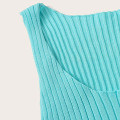 Chic Aqua Blue Scoop Neck Side Cutout Fitted Rib Knit Crop Tank Top