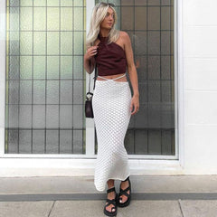 Chic White Color Tie Back Low Waist Pointelle Knit Midi Skirt