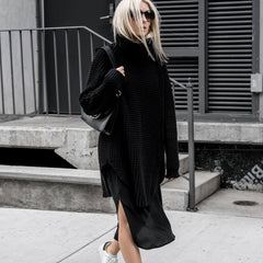 Chic Black Turtleneck Side Slit Crochet Openwork Waffle Knit Long Sweater