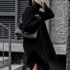 Chic Black Turtleneck Side Slit Crochet Openwork Waffle Knit Long Sweater