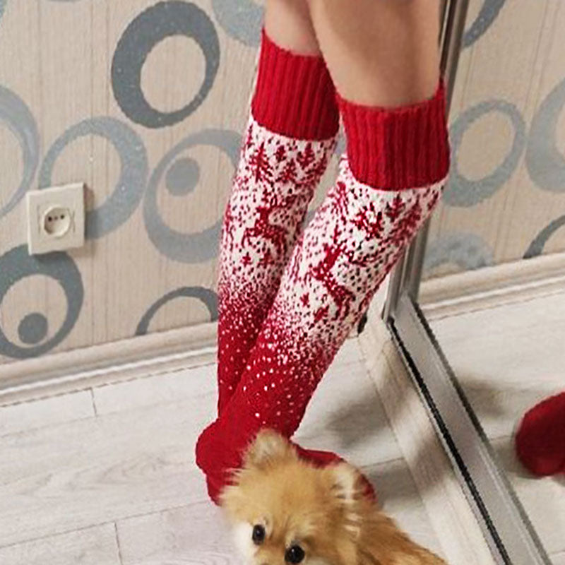 Christmas Reindeer Pattern Thigh High Contrast Red Knit Socks