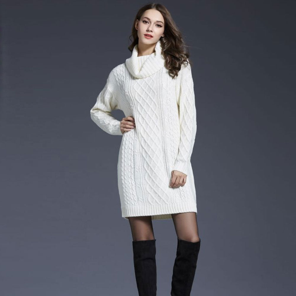 Chunky Cowl Neck Drop Shoulder Fisherman Cable Knit Mini Sweater Dress