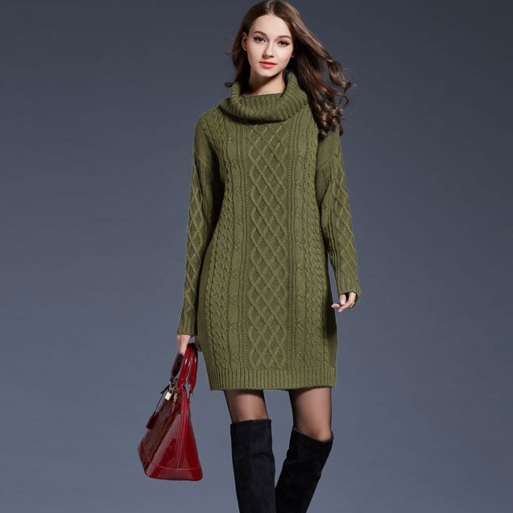 Chunky Cowl Neck Drop Shoulder Fisherman Cable Knit Mini Sweater Dress