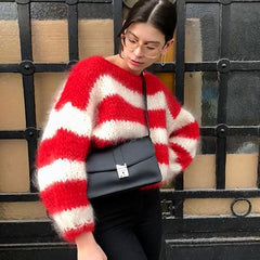 Chunky Hand Knit Stripe Boat Neck Puff Sleeve Red and White Striped Sweater