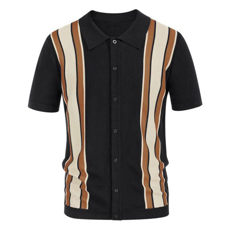 Classic Business Striped Collared Short Sleeve Button Front Summer Men Knit Shirt