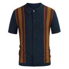 Classic Business Striped Collared Short Sleeve Button Front Summer Men Knit Shirt