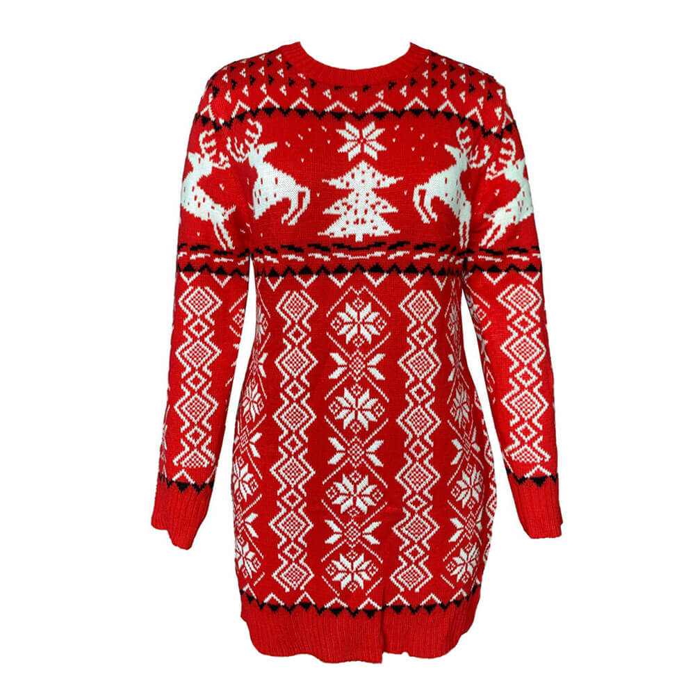 Classic Red Christmas Motif Fair Isle Crew Neck Pullover Mini Sweater Dress