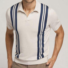 Classic Color Block Striped Collared V Neck Short Sleeve Men Knit Shirt