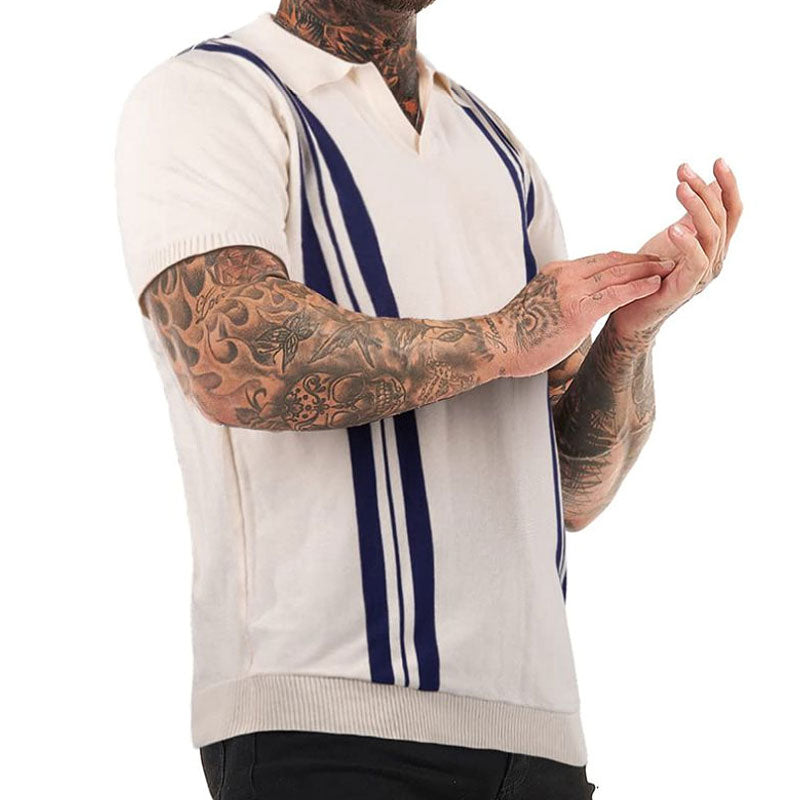 Classic Color Block Striped Collared V Neck Short Sleeve Men Knit Shirt