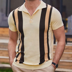 Classic Color Block Striped Spread Collar Half Button Short Sleeve Men Knit Shirt