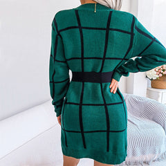 Classic Long Sleeve Plaid Print Pullover Sweater Mini Dress