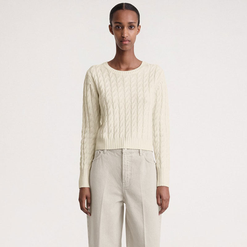 Classic Ribbed Knit Round Neck Long Sleeve Cable Knit Pullover Sweater