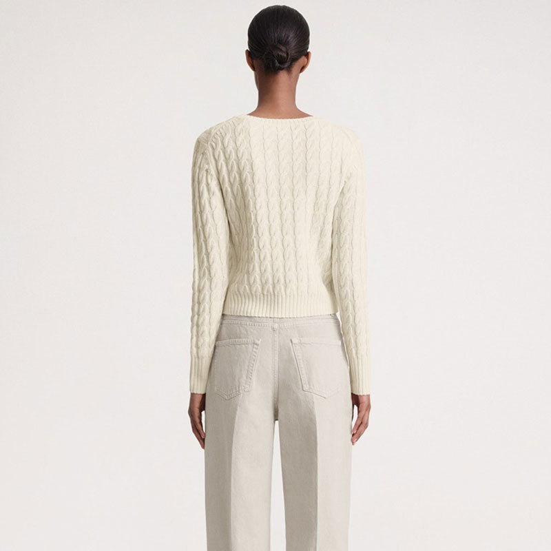 Classic Ribbed Knit Round Neck Long Sleeve Cable Knit Pullover Sweater