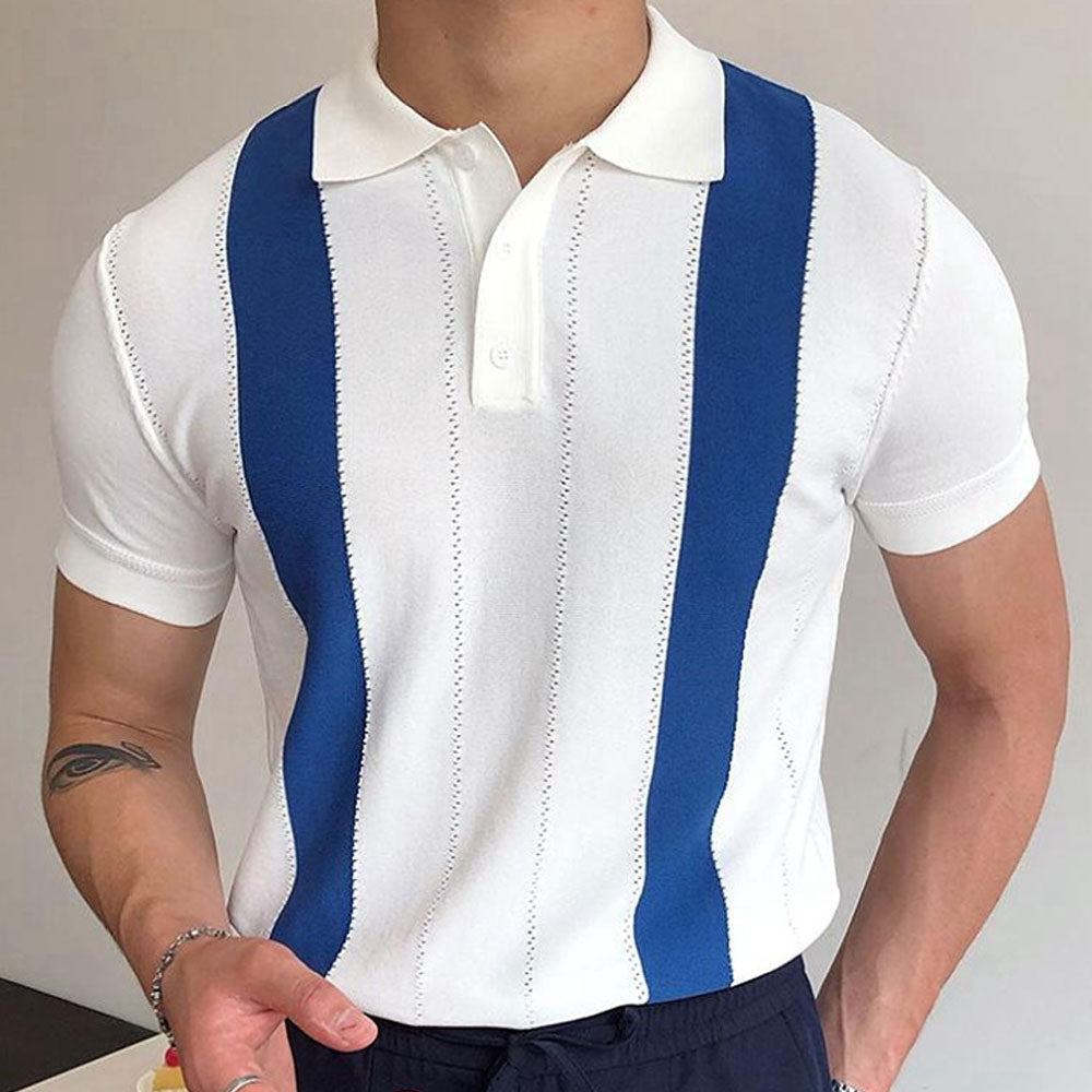 Colorblock Stripe Pointelle Knit Collared Short Sleeve Button Front Men Knit Shirt