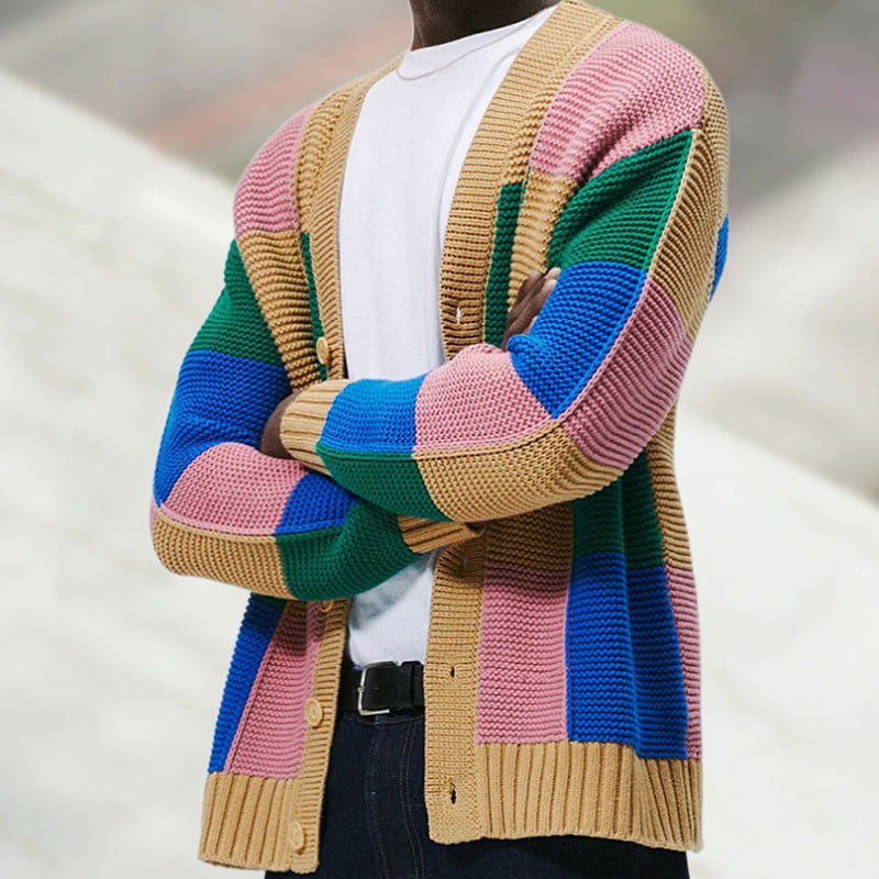 Colorful Plaid Patchwork V Neck Long Sleeve Men Button Up Knit Cardigan