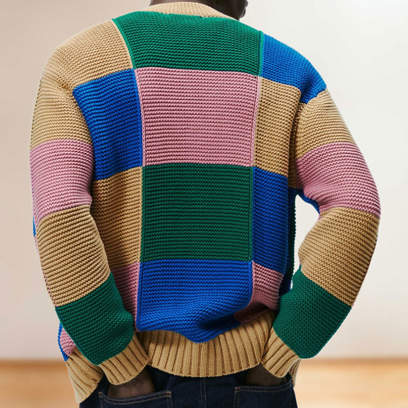 Colorful Plaid Patchwork V Neck Long Sleeve Men Button Up Knit Cardigan