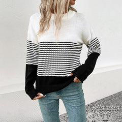 Comfy Round Neck Drop Shoulder Long Sleeve Black and White Striped Sweater