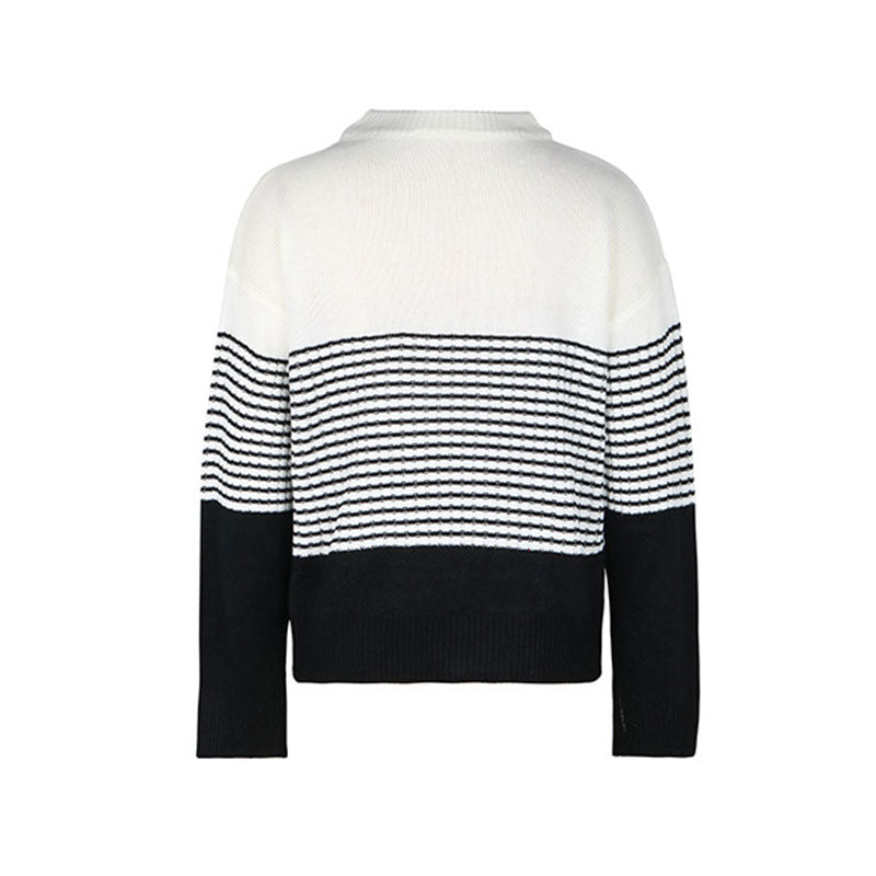 Comfy Round Neck Drop Shoulder Long Sleeve Black and White Striped Sweater