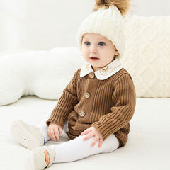 Comfy Solid Color Round Neck Long Sleeve Button Front Ribbed Knit Baby Romper