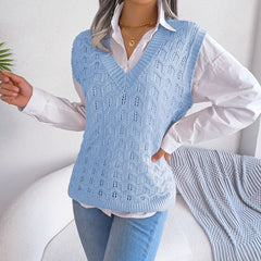 Comfy Solid Color V Neck Chevron Stitching Pointelle Knit Sweater Vest