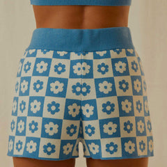 Contrast Blue and White Checkerboard Floral Print High Waist Fitted Knit Shorts