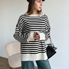 Contrast Crew Neck Oversized Pullover Black And White Sweater