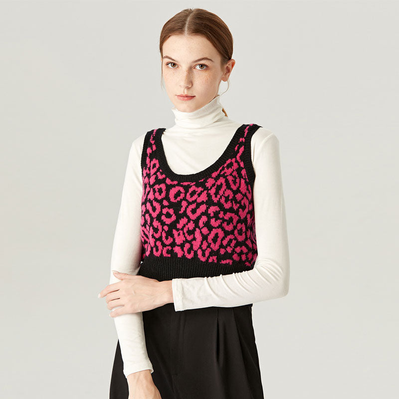 Contrast Crew Neck Wool Blend Lip Jacquard Knit Cropped Sweater Vest