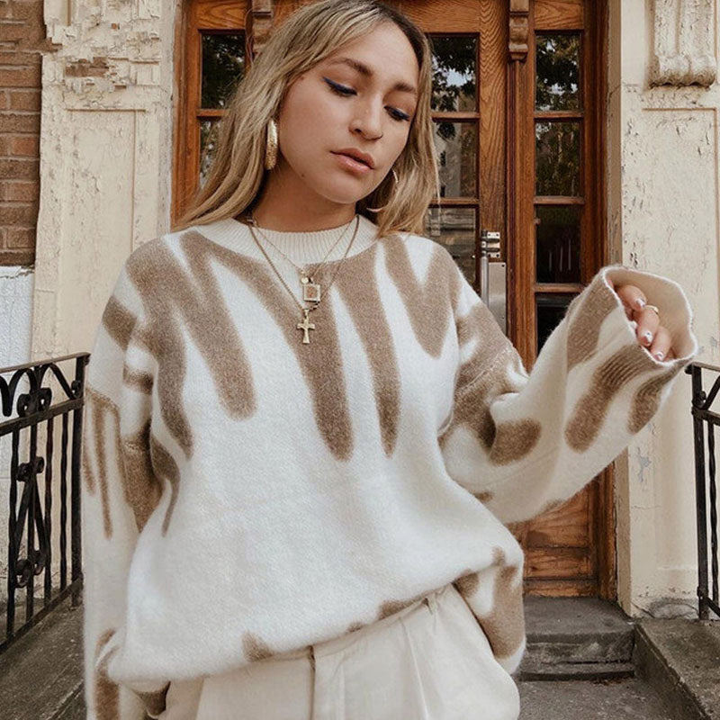 Contrast Khaki Graphic Pattern Long Sleeve Oversized Knit Sweater