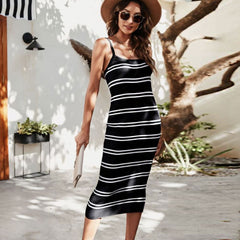 Contrast Striped Print Sleeveless Spaghetti Strap Rib Knit Midi Dress