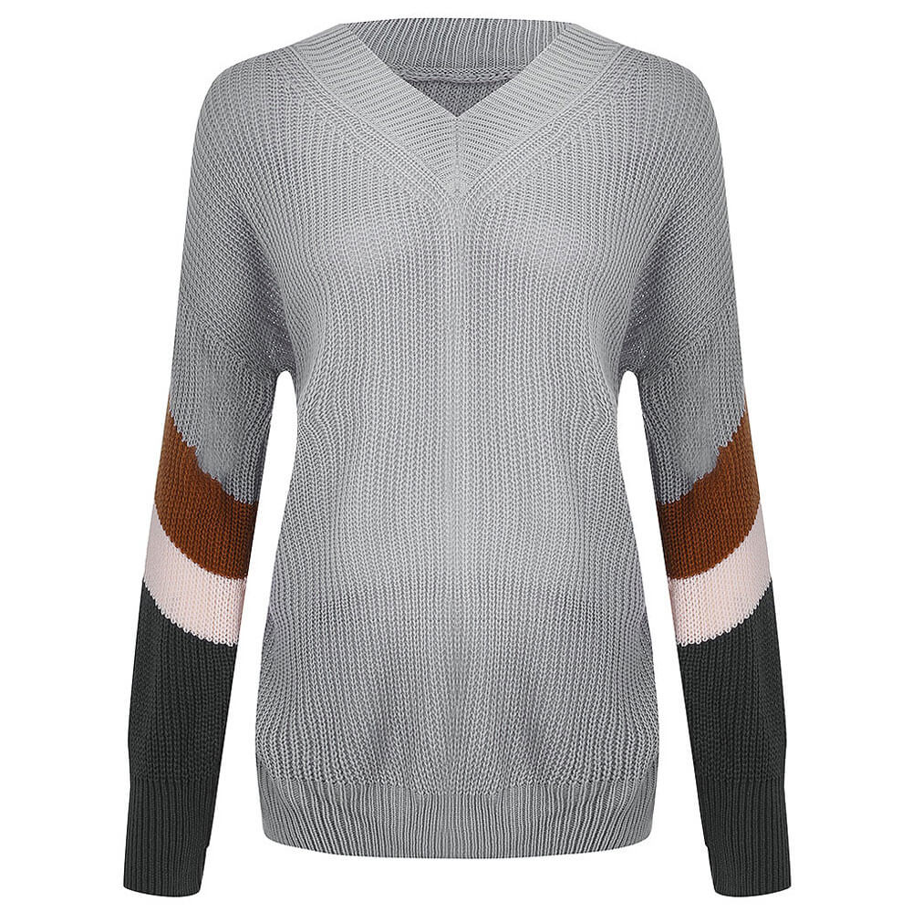 Contrast Grey Striped Sleeve V Neck Brioche Rib Knit Oversized Sweater