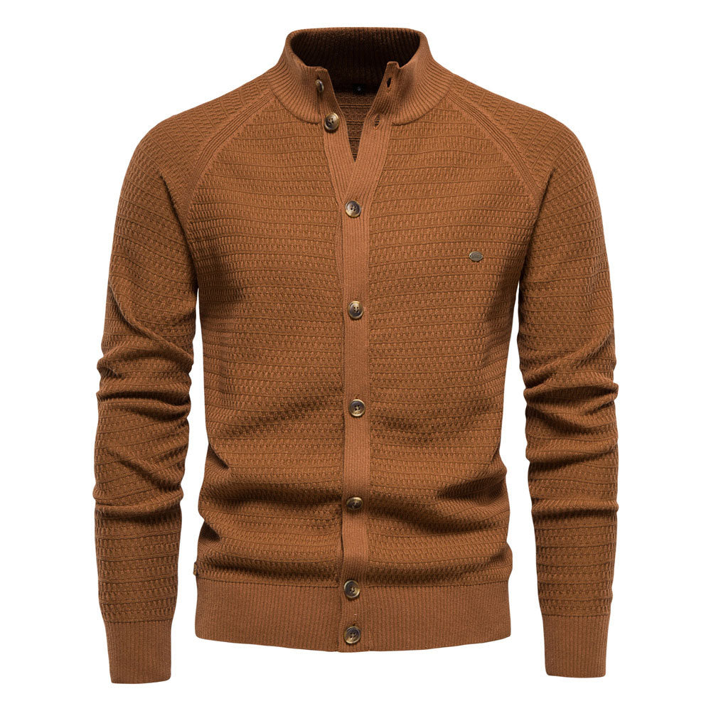 Cool High Neck Long Sleeve Textured Knit Winter Men Button Up Cardigan