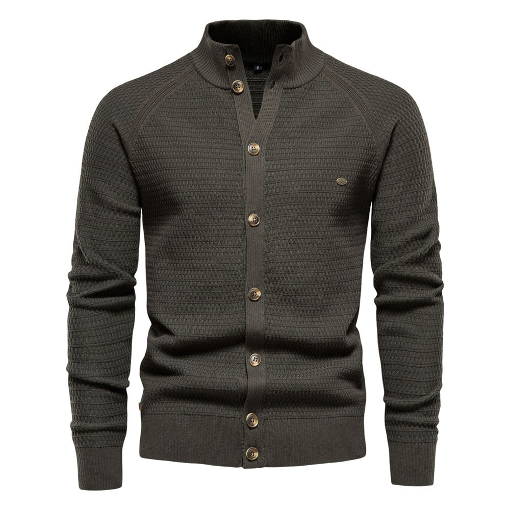 Cool High Neck Long Sleeve Textured Knit Winter Men Button Up Cardigan