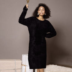 Cozy Fluffy Solid Round Neck Long Sleeve Mohair Sweater Dress