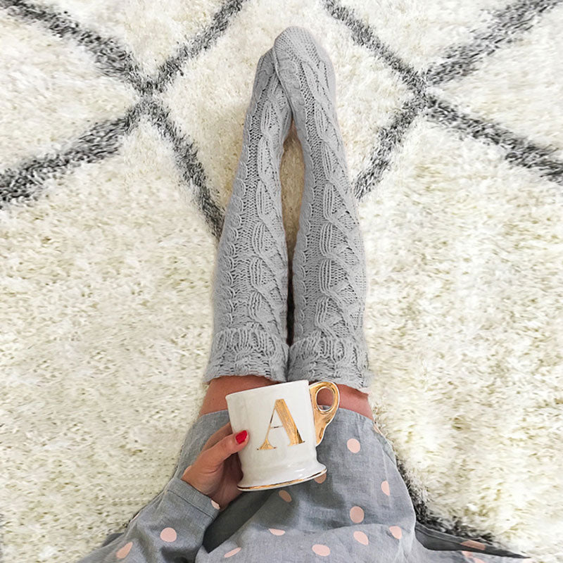 Cozy Monochrome Color Thigh High Chunky Cable Knit Socks