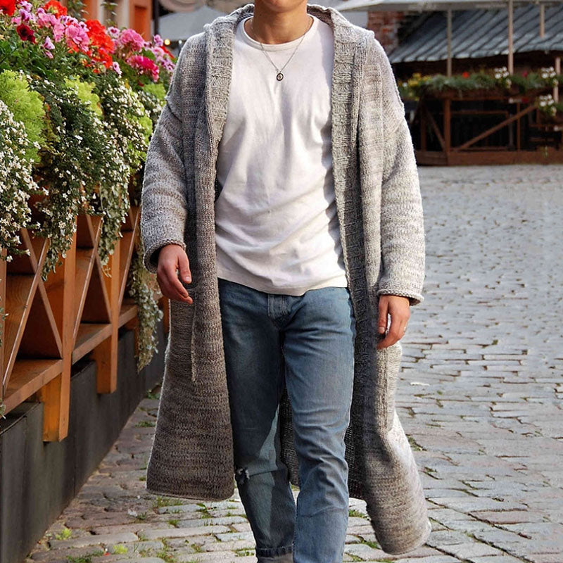 Cozy Solid Hooded Drop Shoulder Open Front Winter Men Duster Cardigan