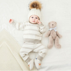 Cozy Striped Jacquard Round Neck Baby Sweater and Elastic Waist Knit Pants Matching Set