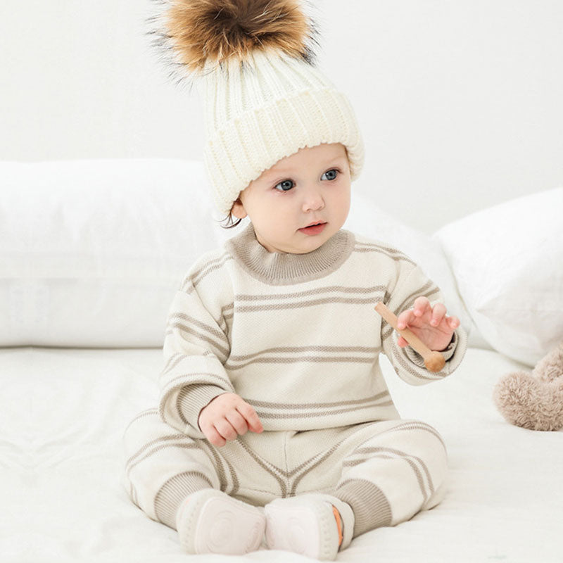 Cozy Striped Jacquard Round Neck Baby Sweater and Elastic Waist Knit Pants Matching Set