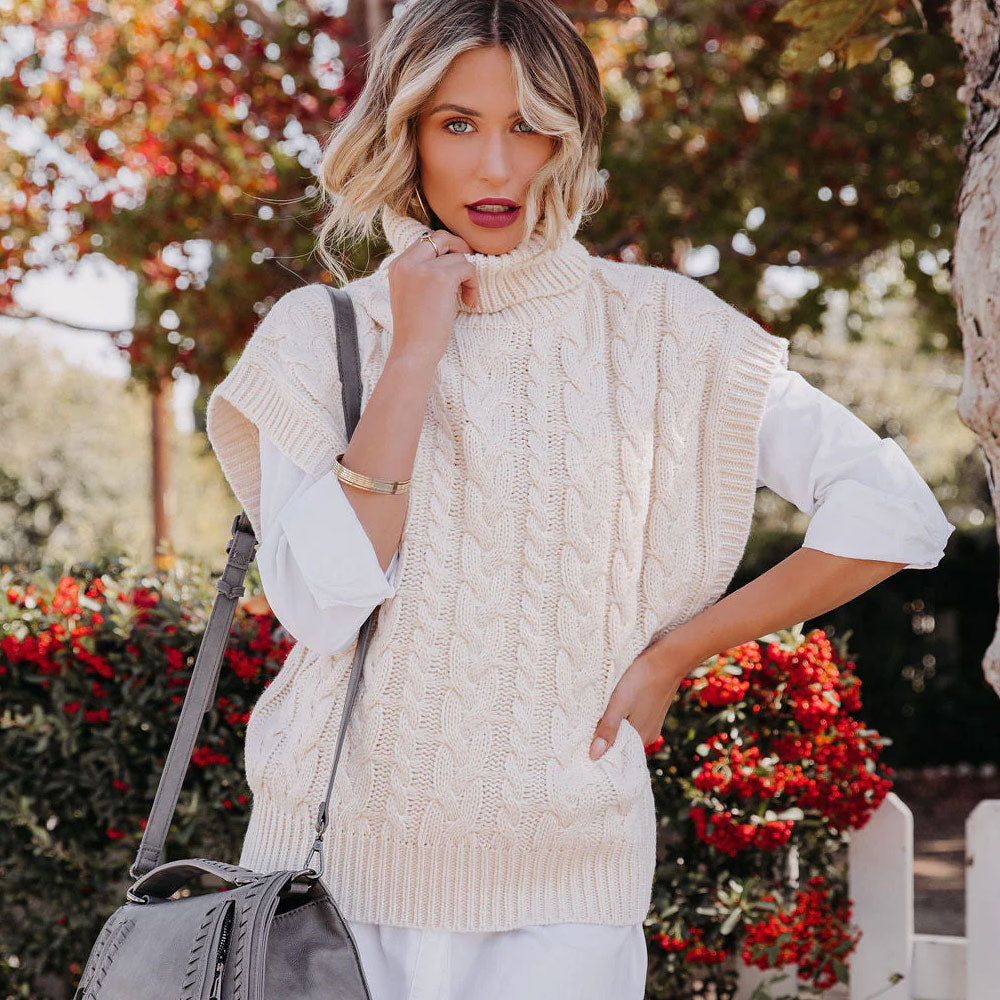 Cozy Beige Turtleneck Cap Sleeve Chunky Cable Knit Sweater Vest