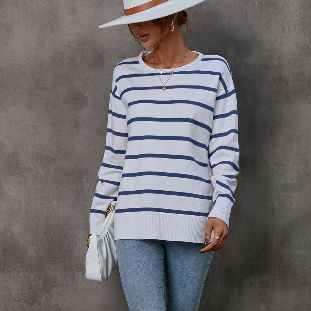 Crew Neck Long Sleeve Side Slit Stripe Heart Jacquard Knit Top