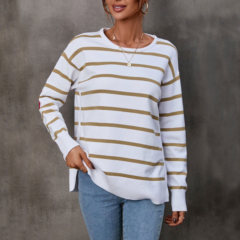 Crew Neck Long Sleeve Side Slit Stripe Heart Jacquard Knit Top