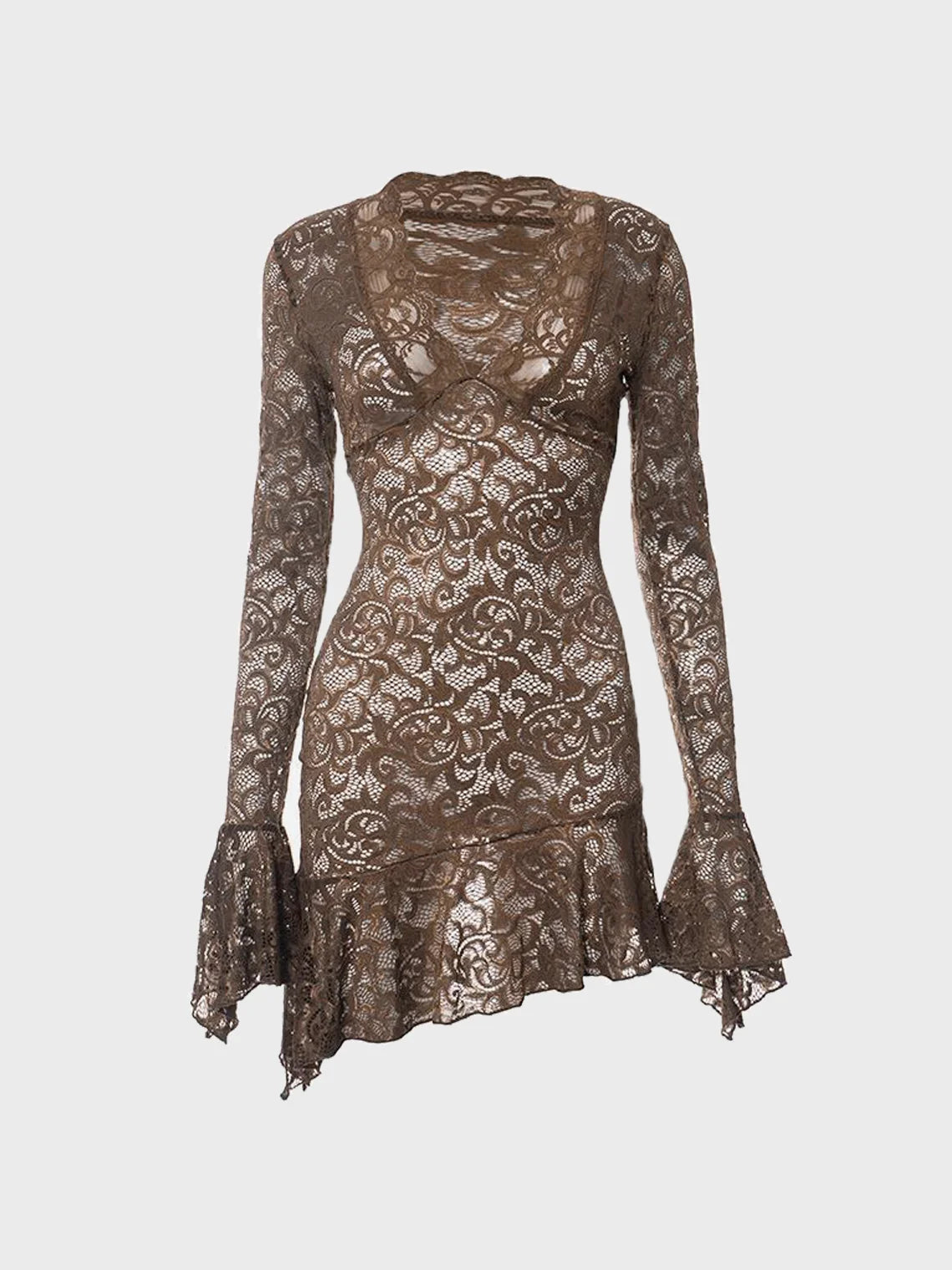 Lace V Neck Plain Long Sleeve Short Dress