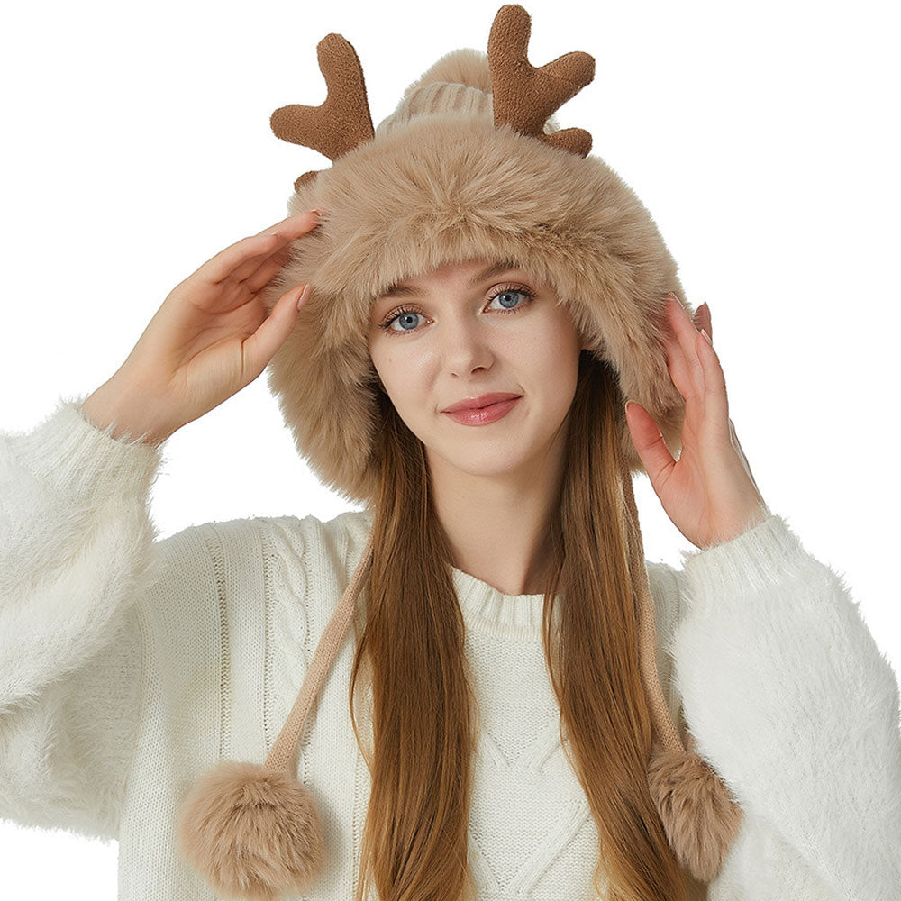 Cute Faux Fur Pom Pom Winter Chunky Rib Knit Elk Horn Christmas Beanie