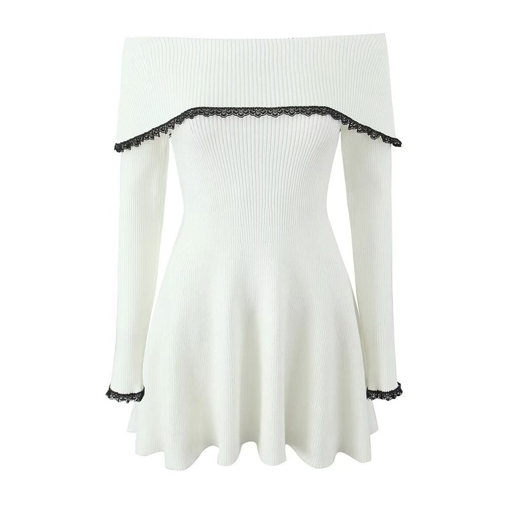 Cute Lace Trim Foldover Off Shoulder Bell Sleeve Rib Knit Sweater Mini Dress