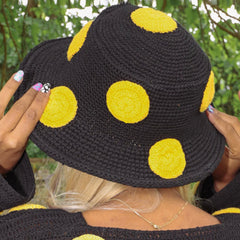 Cute Yellow Polka Dot Pattern Hand Knit Crochet Bucket Hat