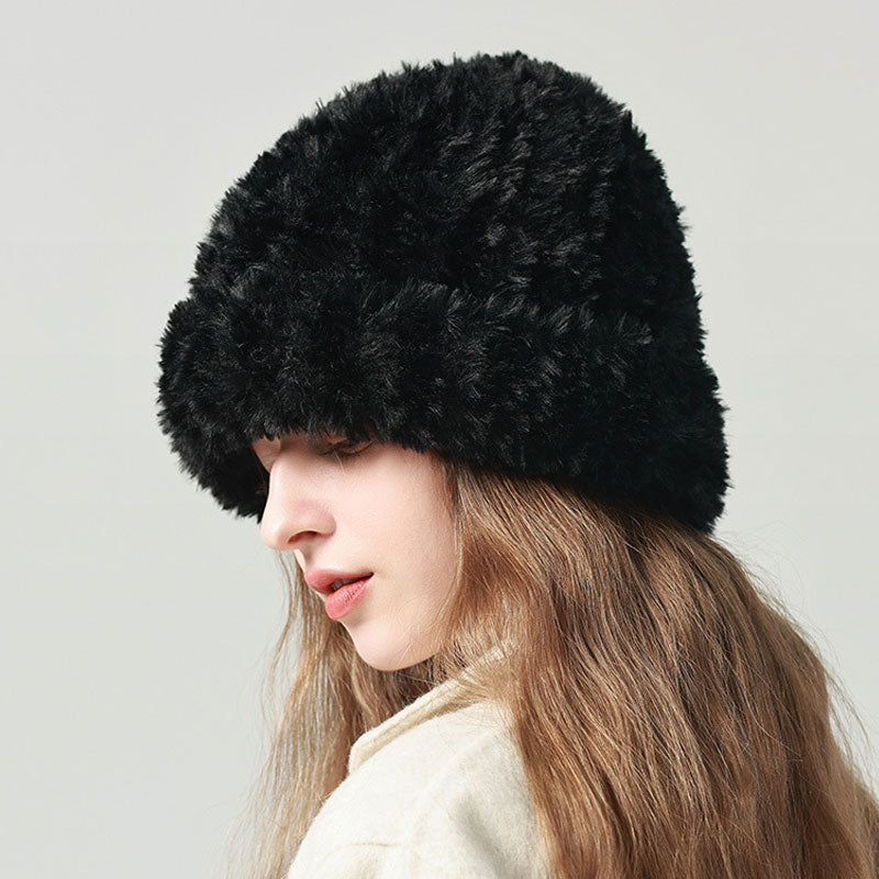 Cute Solid Color Fluffy Faux Fur Warm Winter Knitted Bucket Hat