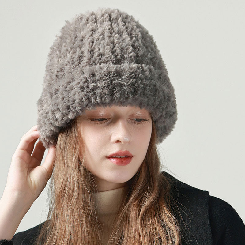 Cute Solid Color Fluffy Faux Fur Warm Winter Knitted Bucket Hat