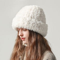 Cute Solid Color Fluffy Faux Fur Warm Winter Knitted Bucket Hat